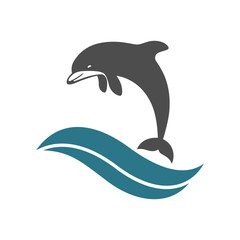 Fototapeta premium Dolphin graphic icon. Dolphin and wave isolated sign on white background. Sea life symbol. Vector illustration