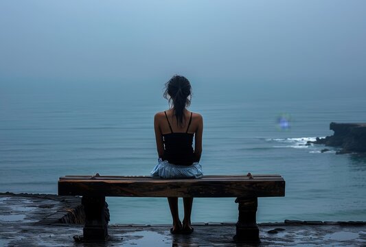 A depressed dishevelled little girl sitting on an empty bench overlooking the ocean, back view. The sea is calm and blue with no waves in sight. 