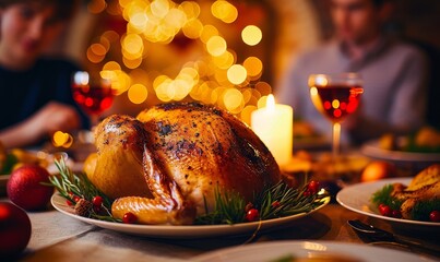 Turkey for thanksgiving, family meal, roasted chicken, christmas lights in the background, sharing a meal, fireplace, homemade family dish, grilled poultry, christmas meal, Generative AI 