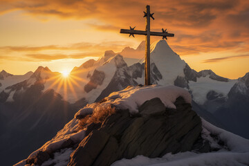 Mont Blanc peak with cross at sunrise