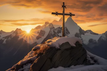 Fotobehang Mont Blanc peak with cross at sunrise © Animaflora PicsStock