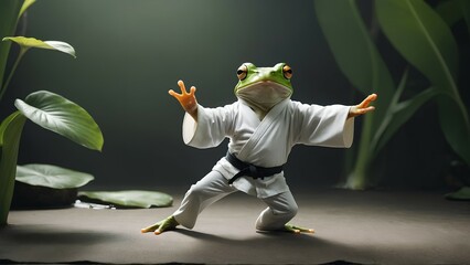 Green frog in a white kimono practices kung fu in the wild