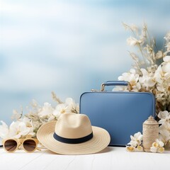 hat and sunglasses and bag on soft blue background in travel design