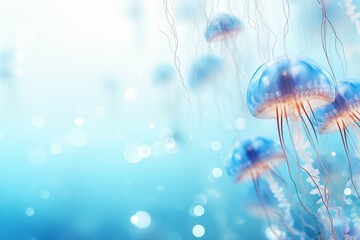 beautiful jellyfish on blurred blue and white bubble background with copy space