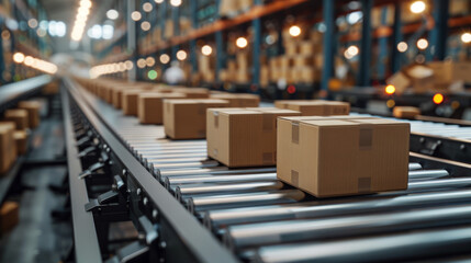 Packages delivery, packaging service and parcels transportation system concept, cardboard boxes on conveyor belt in warehouse.