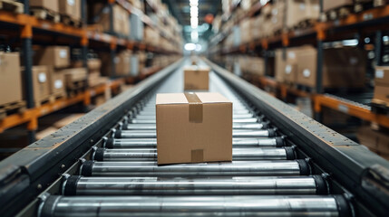 Packages delivery, packaging service and parcels transportation system concept, cardboard boxes on conveyor belt in warehouse. - obrazy, fototapety, plakaty