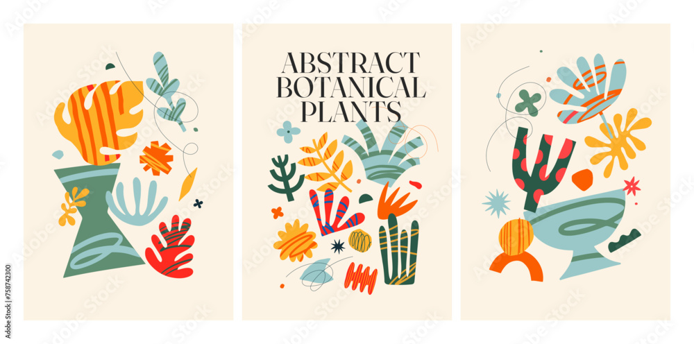 Aufkleber Abstract botanical plants. Big set of abstract graphic shapes. Multicolored shapes and objects on a light background. Elements of minimalism in the style of modern art. Vector illustration.