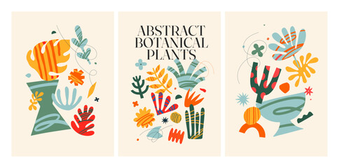 Plakaty  Abstract botanical plants. Big set of abstract graphic shapes. Multicolored shapes and objects on a light background. Elements of minimalism in the style of modern art. Vector illustration.