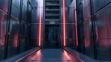 Futuristic Corridor with Blue Technology Lights, Sci-Fi Interior Design, Security and Digital...