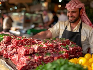 Explore the vibrant market scene with Middle Eastern flair, offering an array of Arabian-inspired meats