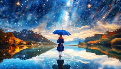 빛나는 별빛 아래서 소녀가 우산을 들고 서있고, 빛나는 밤하늘이 표면에 반사되고 있습니다. - obrazy, fototapety, plakaty