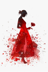Obraz na płótnie Canvas watercolor illustration of a woman's silhouette in red, holding a rose