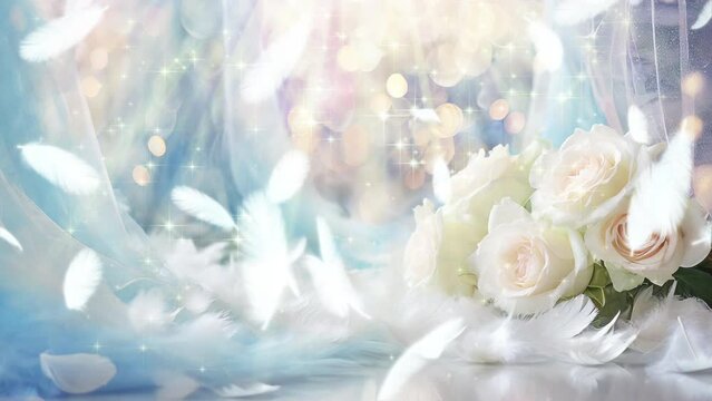 純白の薔薇の花束と羽と水色のカーテンのウエディングイメージのループ動画、4K
