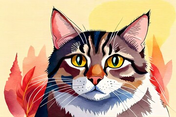 brown red watercolor illustration of a cat face. artistic portrait of a cat. ai generated