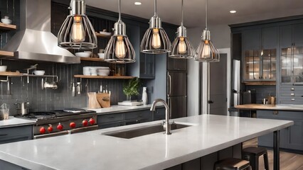 Industrial Chic: A trio of metal cage pendants in brushed nickel, exuding an industrial charm, perfect for creating a trendy and urban ambiance above the kitchen island 