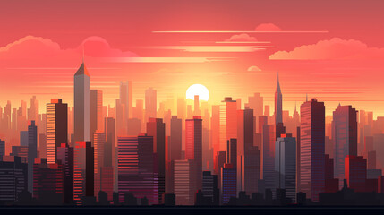 Illustration d'une jolie skyline avec coucher de soleil et ciel nuageux. Paysage vue sur une ville remplie de gratte-ciel, immeuble. Ville, urbain, horizon. Pour conception et création graphique.