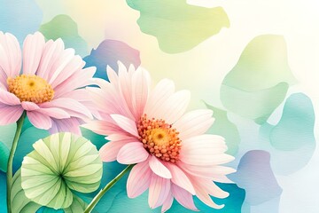 Fototapeta premium Pastel watercolor flowers, buds and leaves. ai generated