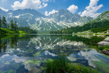 Fototapeta na wymiar A stunning view of the Alps mountain range with clear blue skies, lush greenery and crystal clear waters reflecting the majestic peaks