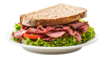 Roast Beef Sandwich on a plate isolated on transparent png background. Generative ai 