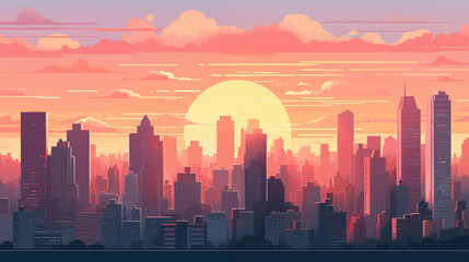 Illustration d'une jolie skyline avec coucher de soleil et ciel nuageux. Paysage vue sur une ville remplie de gratte-ciel, immeuble. Ville, urbain, horizon. Pour conception et création graphique. - obrazy, fototapety, plakaty
