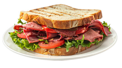 Roast Beef Sandwich on a plate isolated on transparent png background. Generative ai 