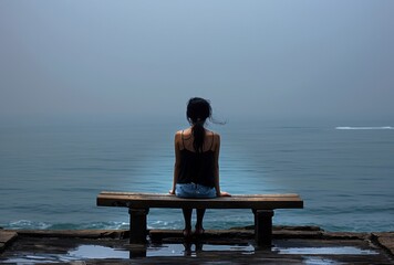 Fototapeta premium A depressed dishevelled little girl sitting on an empty bench overlooking the ocean, back view. The sea is calm and blue with no waves in sight. 