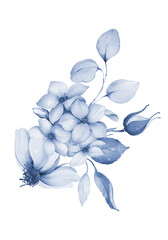 Floral bouquet in indigo tones on a white background