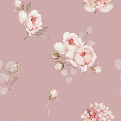 Seamless pattern with bouquets of flowers. Spring roses in watercolor style