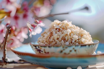 Bowl of brown rice and pink flowers on bokeh background