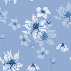 Seamless pattern with spring flowers in indigo tones