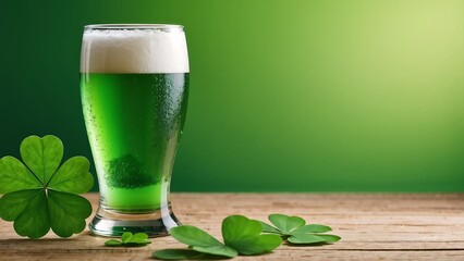 Green beer in a glass on a wooden surface with blurred green backdrop and clover leaves.