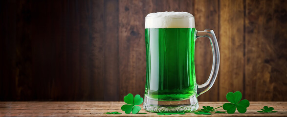 Glass of green ale on wooden table, with blurry green background and clover leaves.