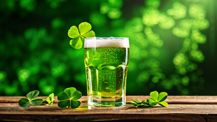A glass of green beer on a wooden table with blurred green background and clover leaves.