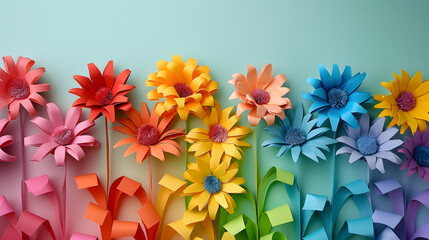 Festive rainbow paper flowers arrangement with a blank area for text or colorful greetings. Celebrate diversity or LGBTQ pride events