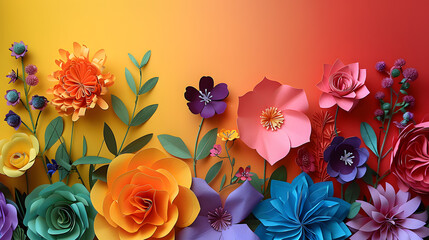 Festive rainbow paper flowers arrangement with a blank area for text or colorful greetings. Celebrate diversity or LGBTQ pride events - obrazy, fototapety, plakaty