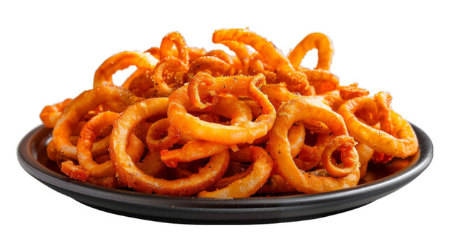 Seasoned Curly Fries on a plate isolated on transparent png background. Generative ai 