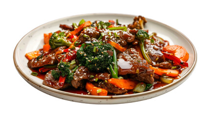 Sesame Beef Stir-Fry on a plate isolated on transparent png background. Generative ai 
