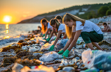 Team of Young Volunteers Cleaning Seashore of Plastic Waste at Sunset
