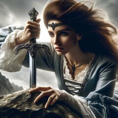 woman withdrawing excalibur sword - obrazy, fototapety, plakaty