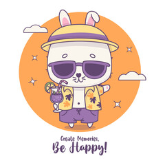 Happy beach bunny boy in sunglasses with cocktail. Funny cartoon kawaii animal character. Vector illustration