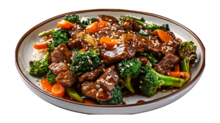 Sesame Beef Stir-Fry on a plate isolated on transparent png background. Generative ai 