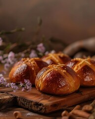 Sweet honey buns with nuts on a wooden background. Selective focus.
