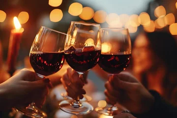 Fotobehang Hand holding glass of red wine , people cheering, cheers, spending a moment together with friends, party, happy moment, wine tasting, cheering, family, Generative AI  © Image Quotient