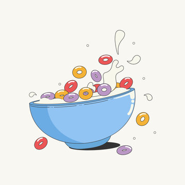 recommend clip art: A bowl of fruit cereal crispy rings with splashes of milk, isolated on a white background. A delicious and healthy breakfast.Vector illustration.