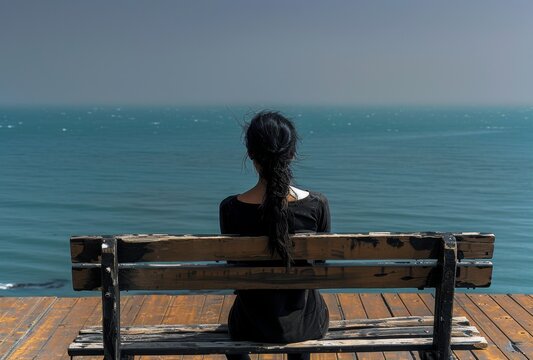 A depressed dishevelled little girl sitting on an empty bench overlooking the ocean, back view. The sea is calm and blue with no waves in sight.  - Powered by Adobe