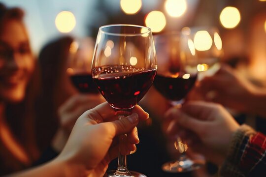 Hand holding glass of red wine , people cheering, cheers, spending a moment together with friends, party, happy moment, wine tasting, cheering, family, Generative AI 