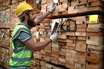 Skill engineer working in hardwood furniture factory examining plank pallet production. Young adult...