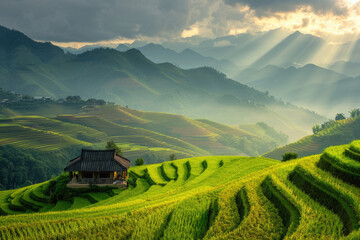 Beautiful terraced rice fields in the mountains of Vietnam, golden sunshine and beautiful sunlight. Vibrant green rice terrace fields, sunset light shines on the edge of the mountain and valley, terra