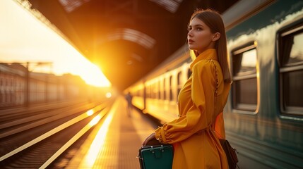 Kobieta w żółtej sukience stoi  z bagażem na peronie czekając na pociąg. Słońce zachodzi, tworząc ciepłe światło.