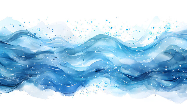 Watercolor river background with hand drawn blue waves and splashes of paint, an abstract artistic illustration perfect for nature-themed designs and artwork.
